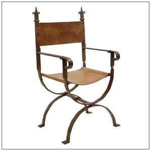 Curule Armchair In Wrought Iron And Leather