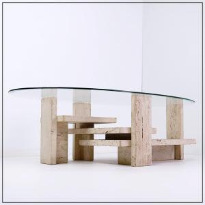 Glass And Travertine Coffee Table, Willy Ballez, 1970s