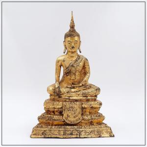Seated Buddha Touching The Earth In Gilded Bronze, Thailand, Late 19th Century