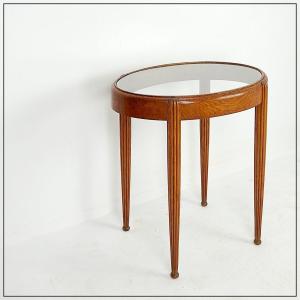 Table d'appoint / guéridon avec pieds cannelés en ogive - Plateau ovale en verre