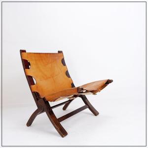 Fauteuil pliant en cuir et bois, années 1950