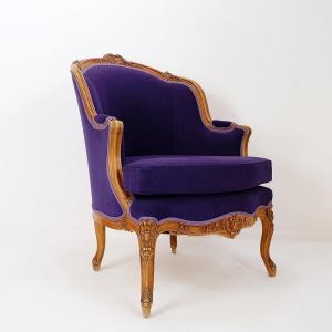 Fauteuil bergère français - Revêtement neuf en velours mauve