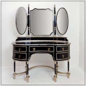 Coiffeuse de style Napoléon III en bois laqué noir et 3 miroirs