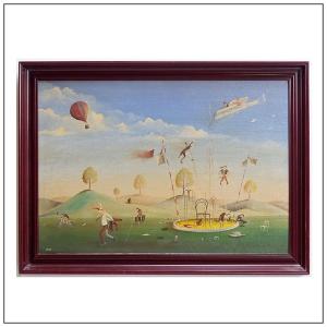 Miroslav Krofián "L'abolition de la maison de l'éducation" huile sur toile - Tchèque 1990