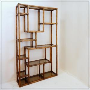 Étagère asymétrique en bambou et verre fumé - Années 1970