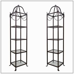 Pair Of Vintage Pagoda-style Shelves In Black Metal