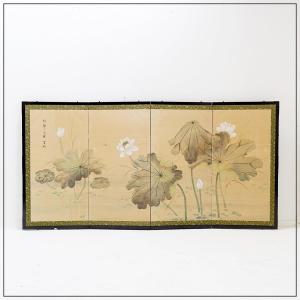 Paravent japonais (byōbu) orné de fleurs de lotus : H:92cm 