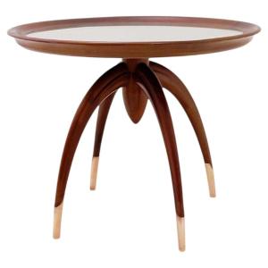 Table d'appoint ronde Art Déco en bois avec pieds incurvés et pieds en laiton