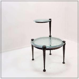 Table d'appoint ronde en fer forgé avec verre aigue-marine - Style Lothar Klute - Années 1980