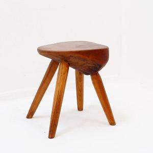 Tabouret vintage sculpté aux formes organiques – Bois massif, années 1960
