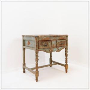Side Table Made Of Weathered Wood With Two Drawers – 20th Century