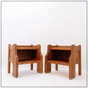 Paire de tables de chevet brutalistes en chêne massif de De Puydt - années 1970