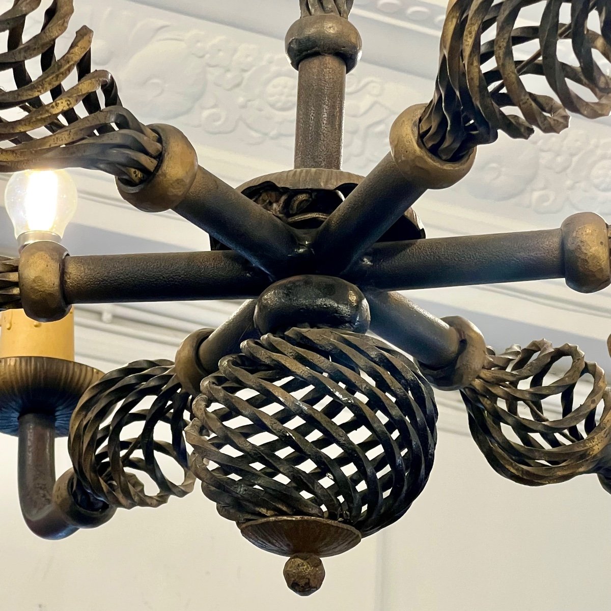 Art Deco Wrought Iron Chandelier With 6 Arms, 1940-photo-2