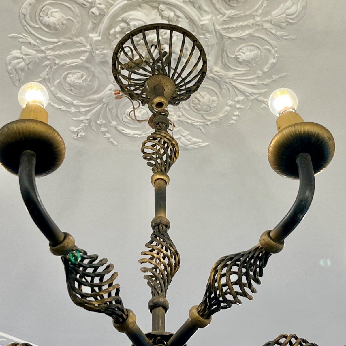 Art Deco Wrought Iron Chandelier With 6 Arms, 1940-photo-3
