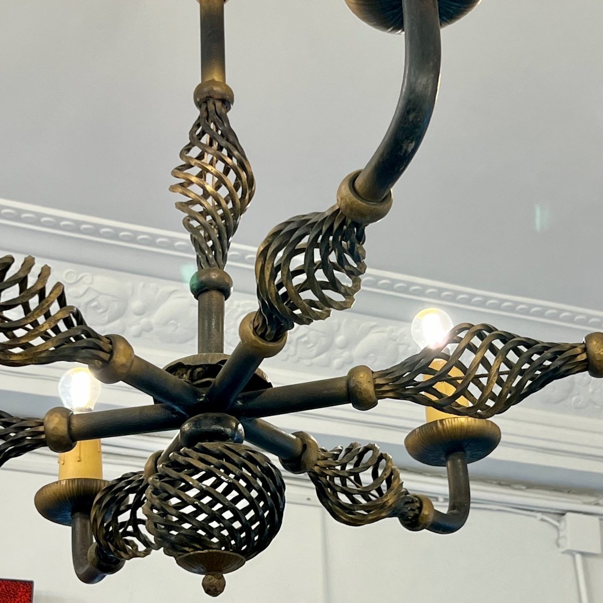 Art Deco Wrought Iron Chandelier With 6 Arms, 1940-photo-4