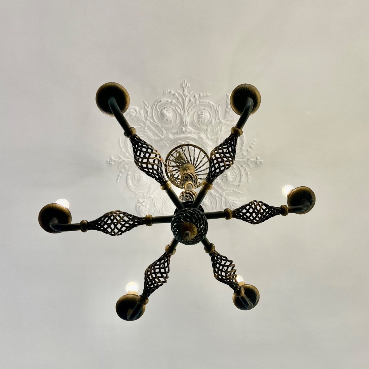 Art Deco Wrought Iron Chandelier With 6 Arms, 1940-photo-4