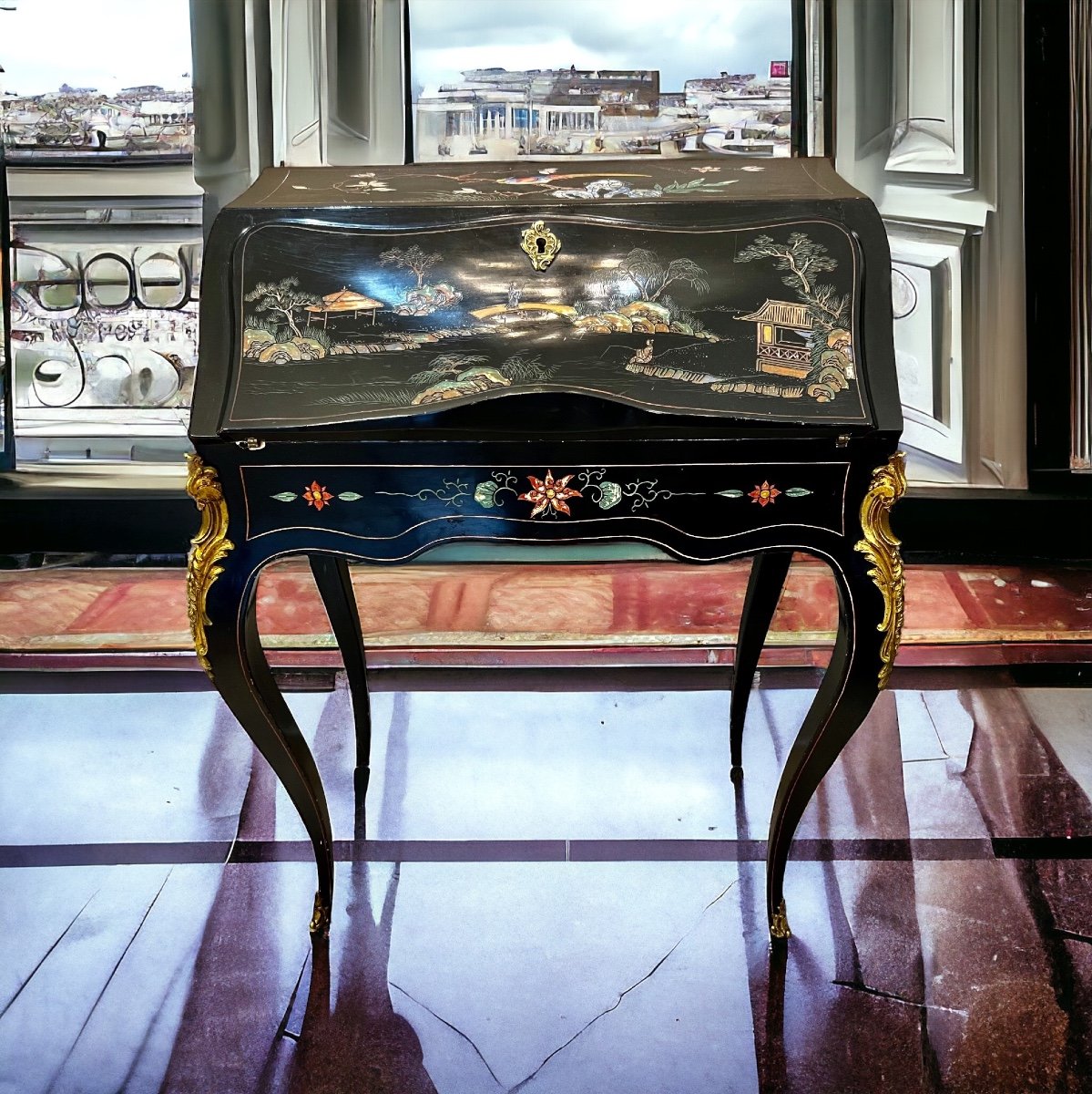 Secrétaire à Pente De Style Louis XV En Laque De Chine-photo-3