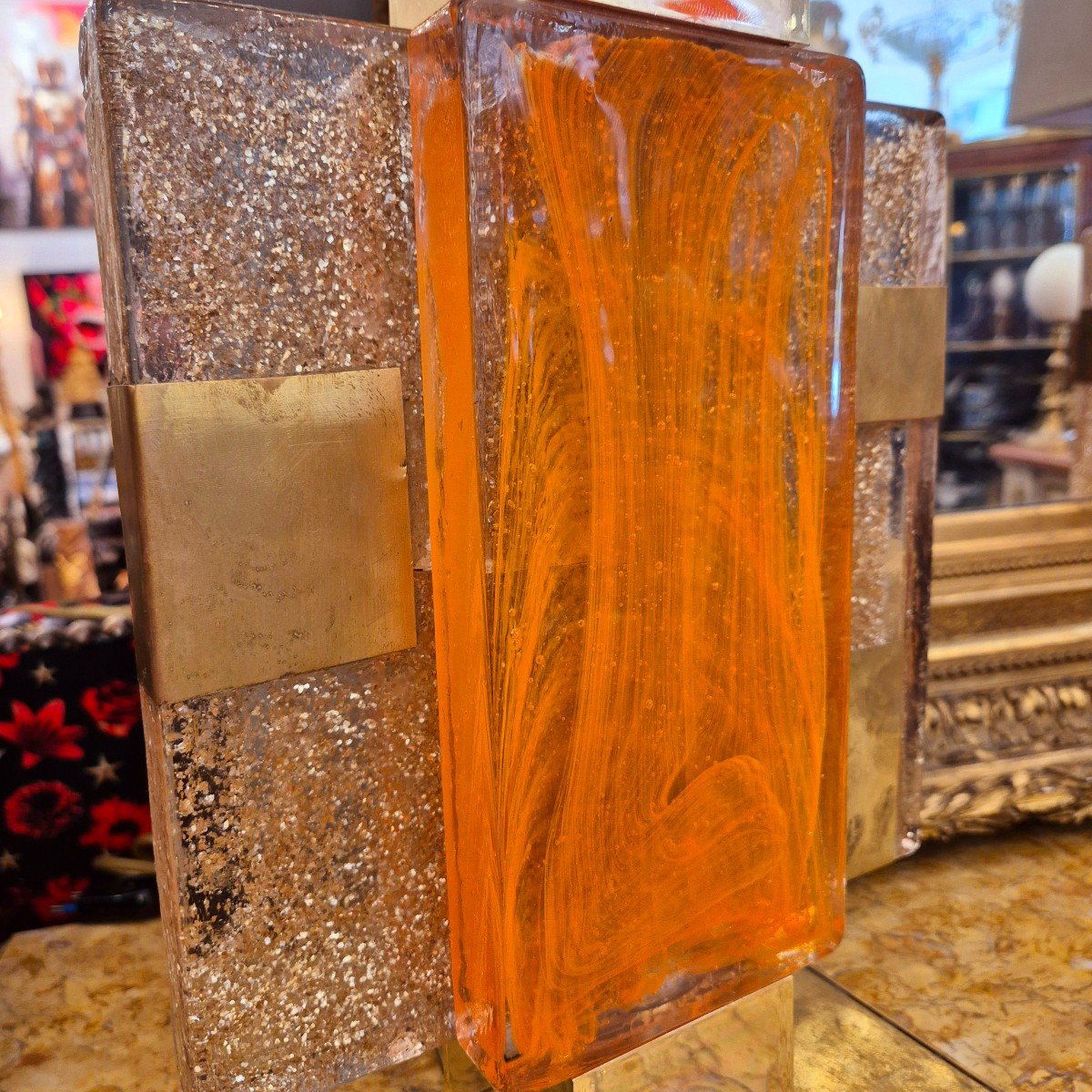Paire De Lampes Design En Verre Et Laiton Doré, Murano, Années 1970-photo-1