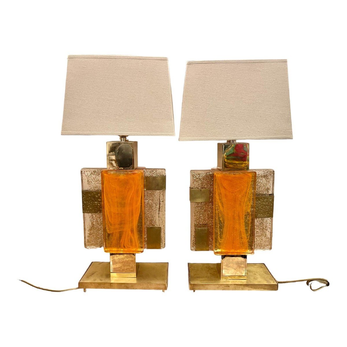 Paire De Lampes Design En Verre Et Laiton Doré, Murano, Années 1970-photo-8