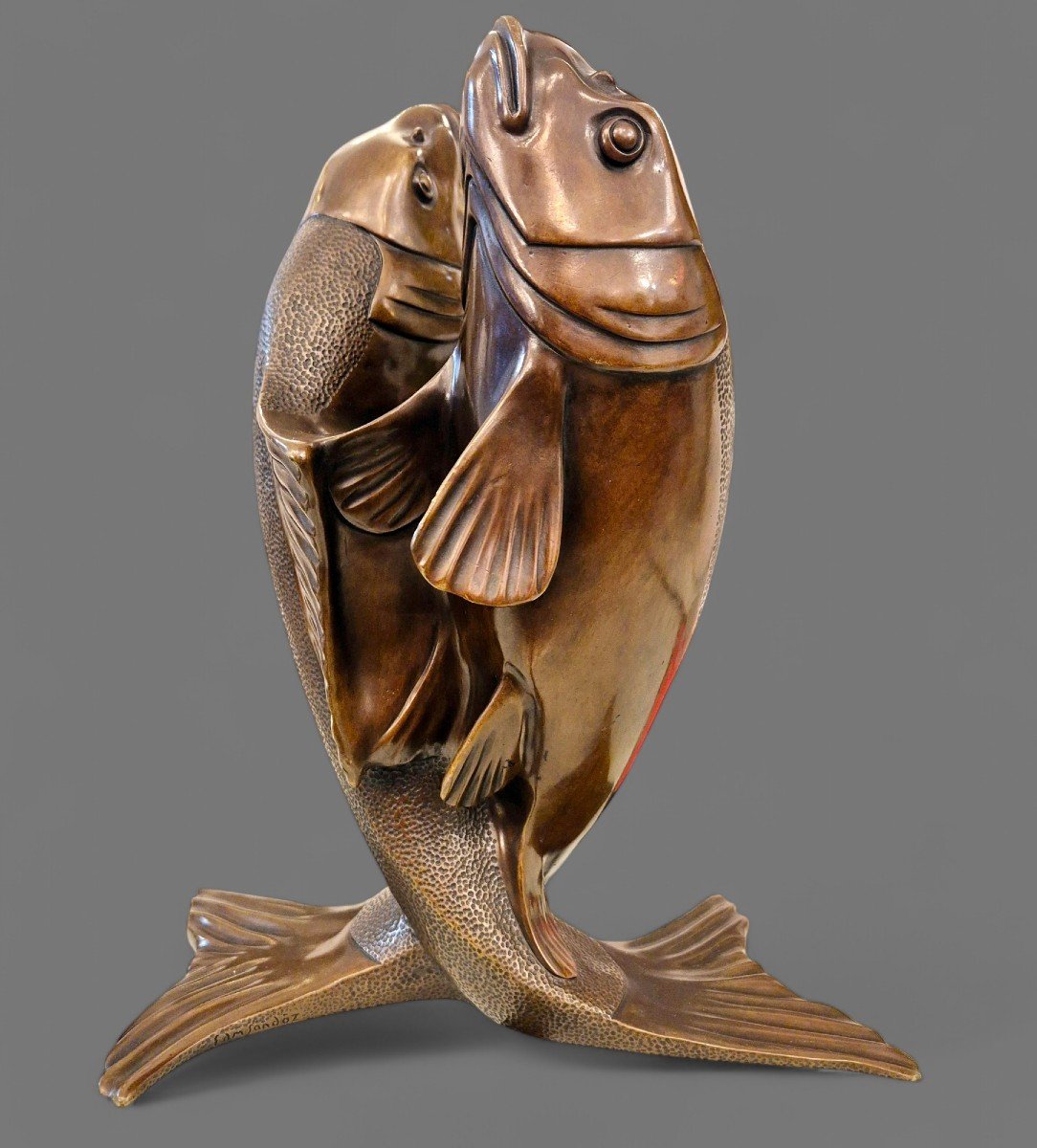 Two Intertwined Carps, Patinated Bronze, Edouard Marcel Sandoz, Circa 1920-photo-4