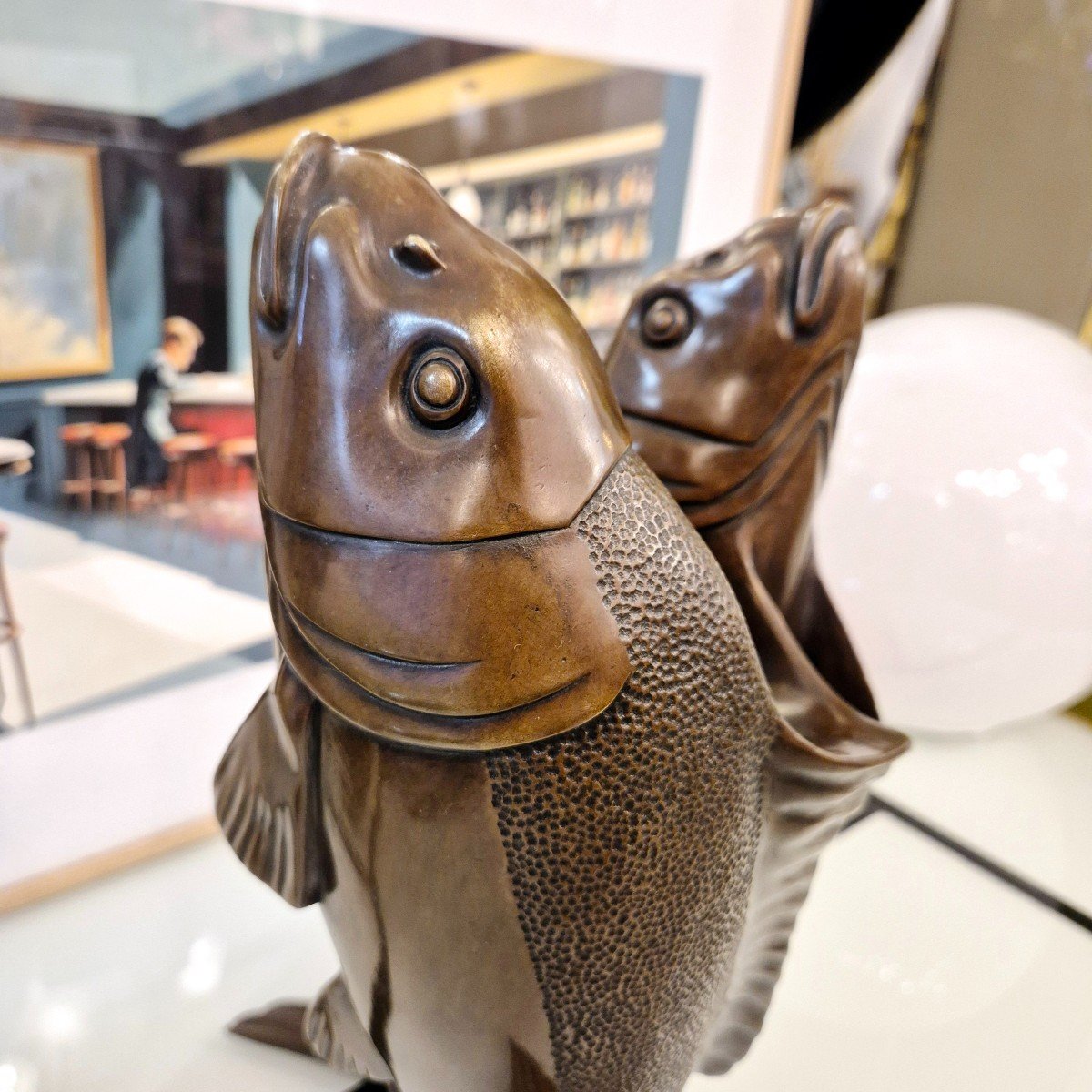 Two Intertwined Carps, Patinated Bronze, Edouard Marcel Sandoz, Circa 1920-photo-1