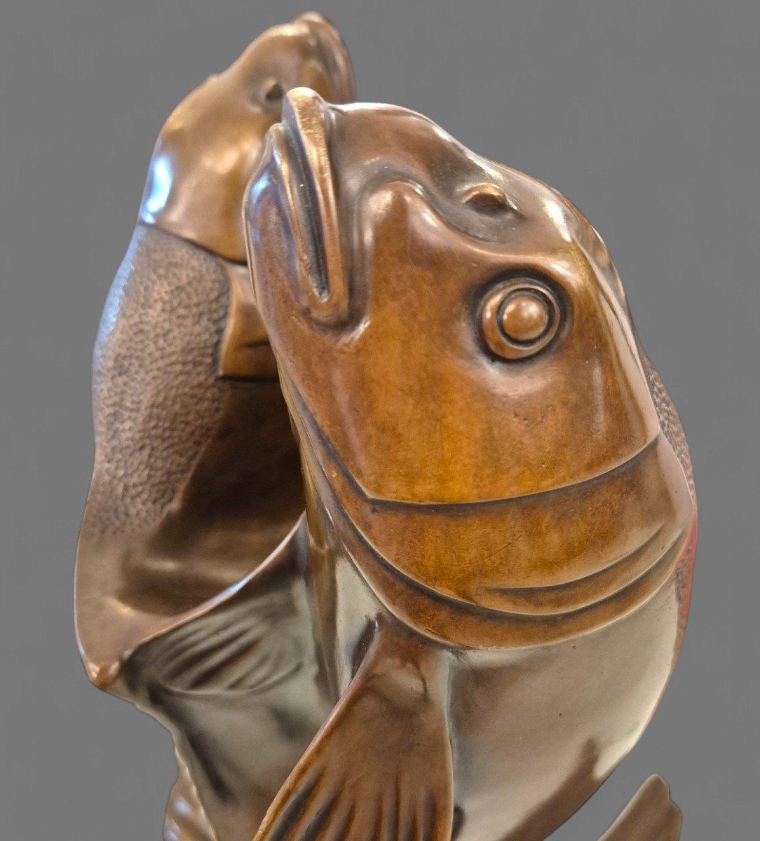 Two Intertwined Carps, Patinated Bronze, Edouard Marcel Sandoz, Circa 1920-photo-6
