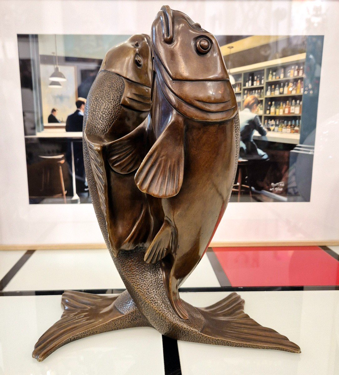 Two Intertwined Carps, Patinated Bronze, Edouard Marcel Sandoz, Circa 1920