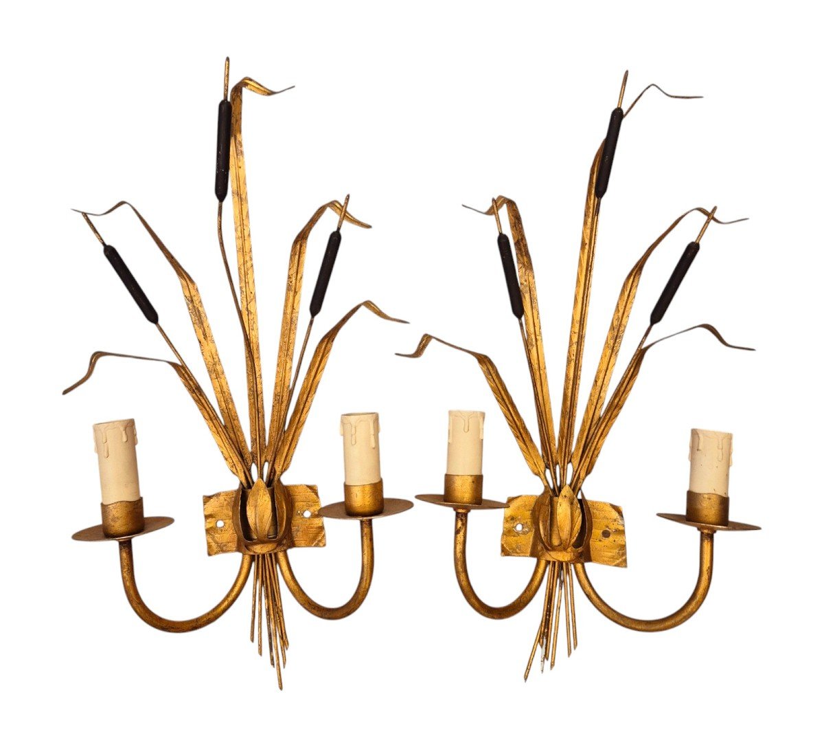 Pair Of Two-light Reed Wall Lights In Gold Leaf Gilded Metal, Ferro Art, Circa 1960-photo-3