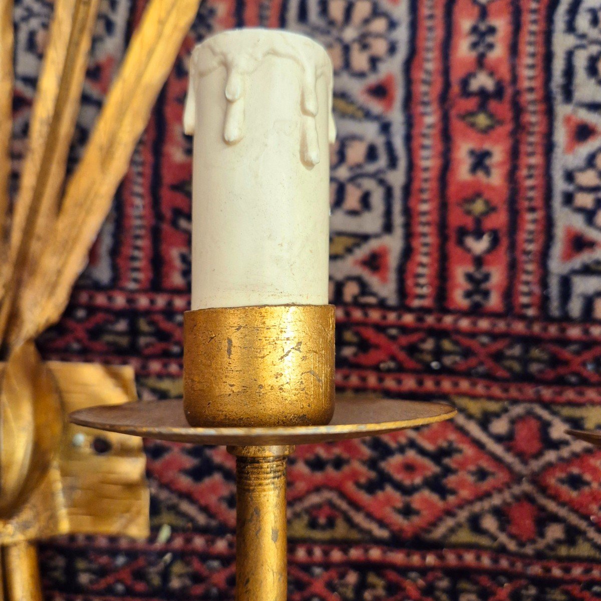 Pair Of Two-light Reed Wall Lights In Gold Leaf Gilded Metal, Ferro Art, Circa 1960-photo-1