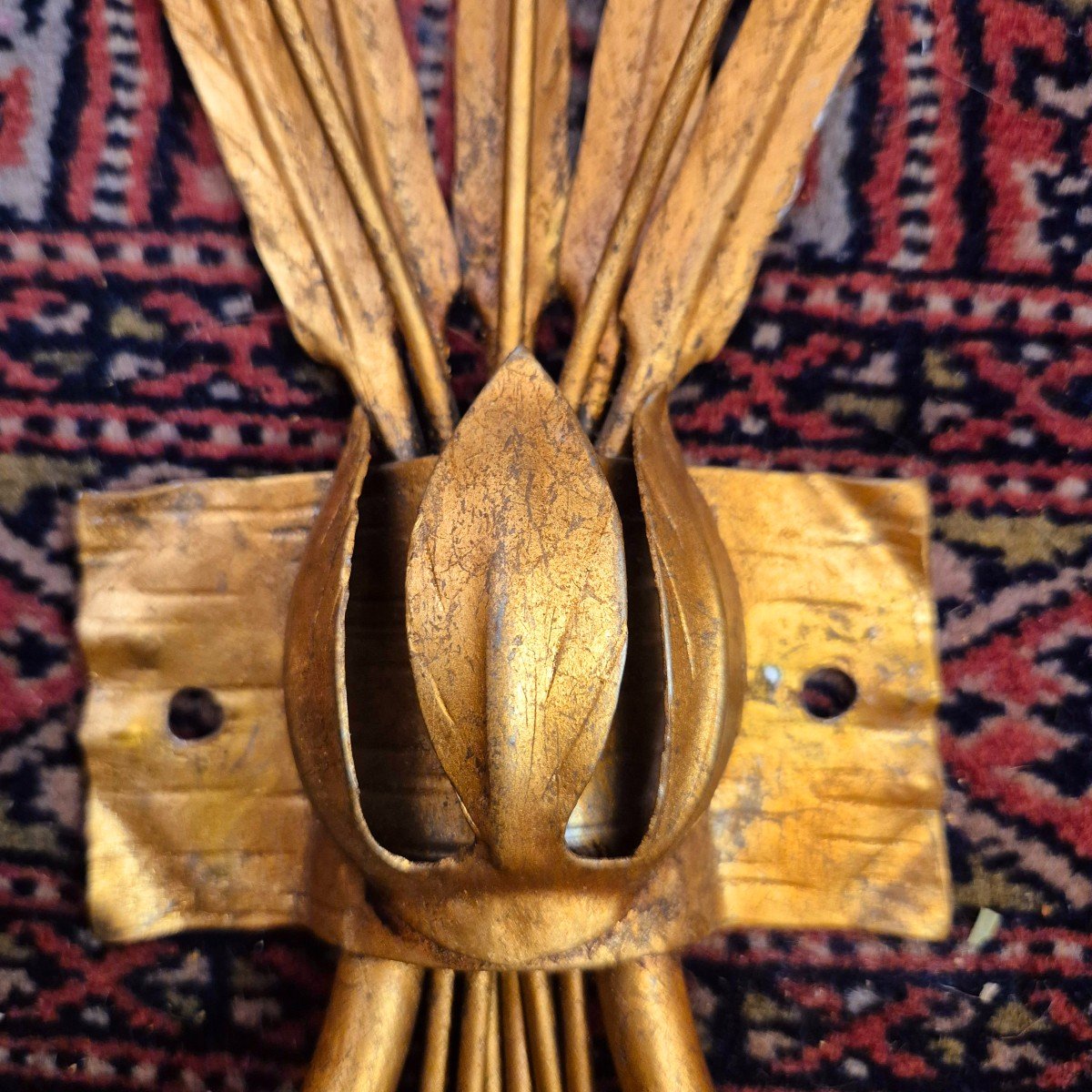 Pair Of Two-light Reed Wall Lights In Gold Leaf Gilded Metal, Ferro Art, Circa 1960-photo-2