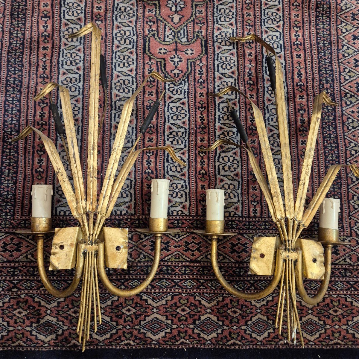Pair Of Two-light Reed Wall Lights In Gold Leaf Gilded Metal, Ferro Art, Circa 1960-photo-5