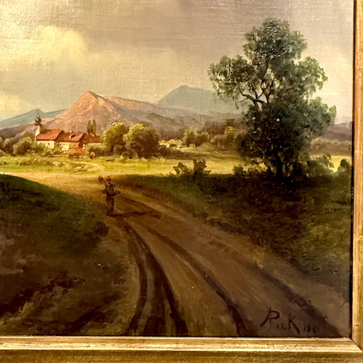 Peinture "Chemin de campagne sous ciel dramatique", signée A. Pick, 1881-photo-1
