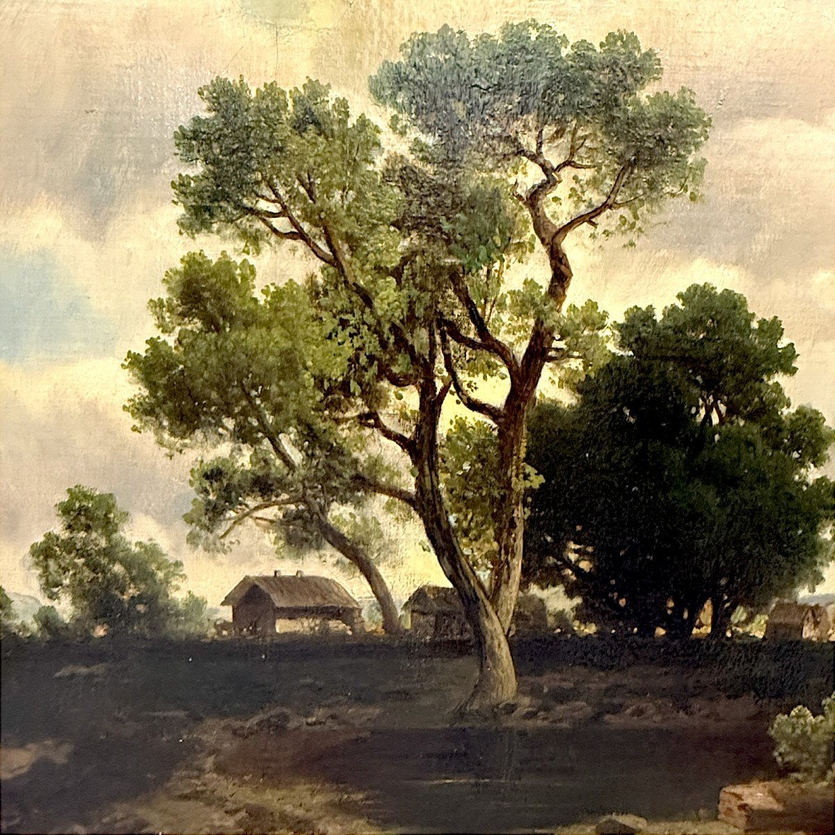 Peinture "Chemin de campagne sous ciel dramatique", signée A. Pick, 1881-photo-4