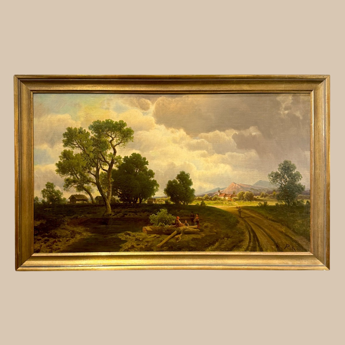 Peinture "Chemin de campagne sous ciel dramatique", signée A. Pick, 1881