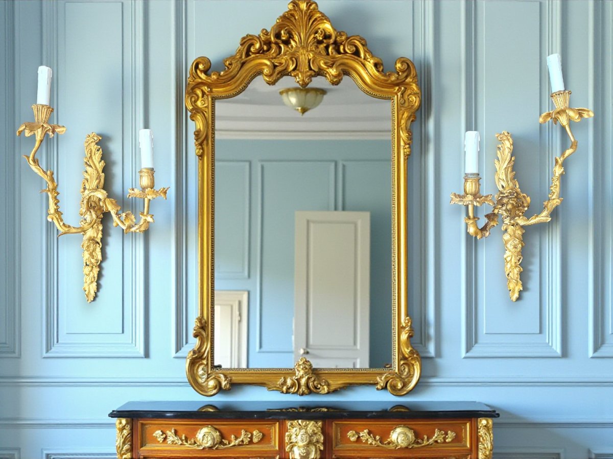 Paire d’appliques murales à deux bras de lumière en bronze doré, de style Régence, XIXe siècle-photo-4