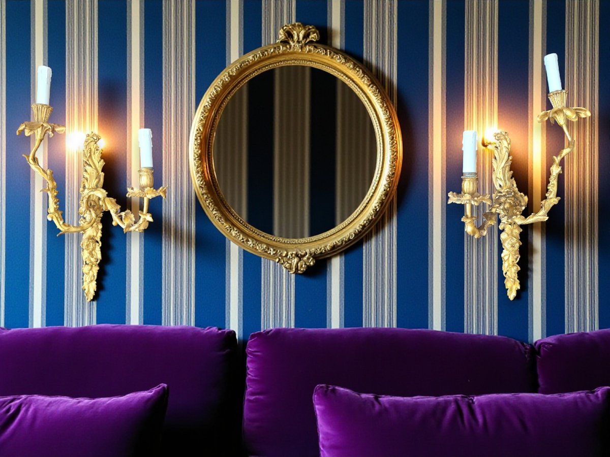 Paire d’appliques murales à deux bras de lumière en bronze doré, de style Régence, XIXe siècle-photo-7