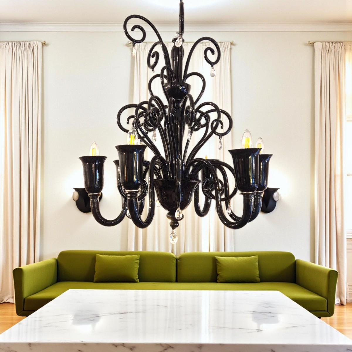 Lustre Murano en verre noir à six lumières, par Gianni & Loris Signoretto pour Fendi, 1990