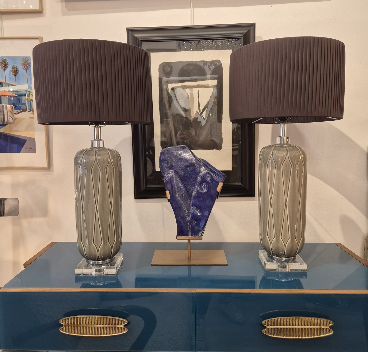 Pair Of Vintage Celadon Ceramic Table Lamps, Italy, Circa 1970