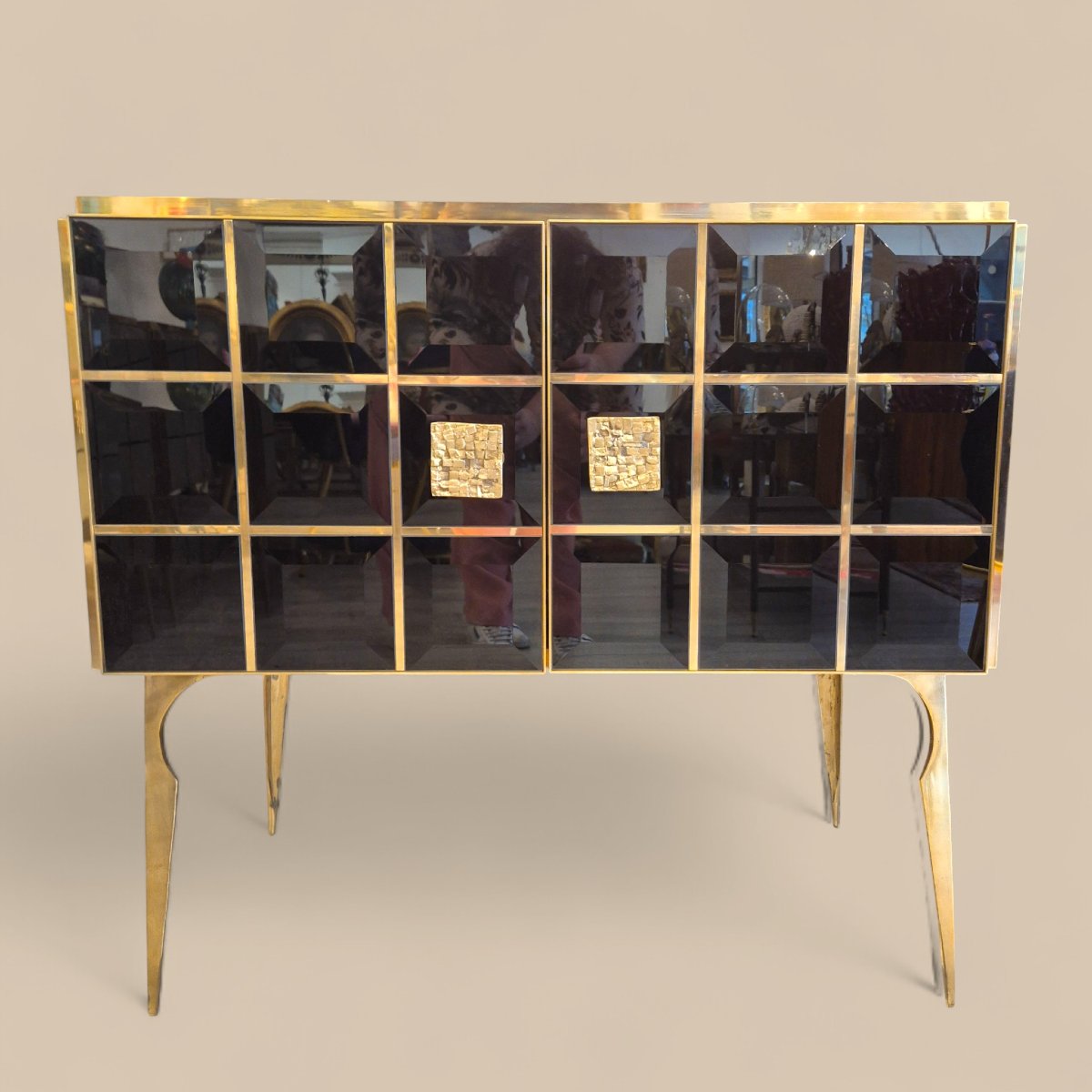 Paire de consoles en verre de Murano noir facetté et laiton doré, vers 1960/70-photo-2