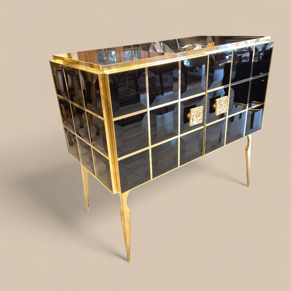 Paire de consoles en verre de Murano noir facetté et laiton doré, vers 1960/70-photo-3