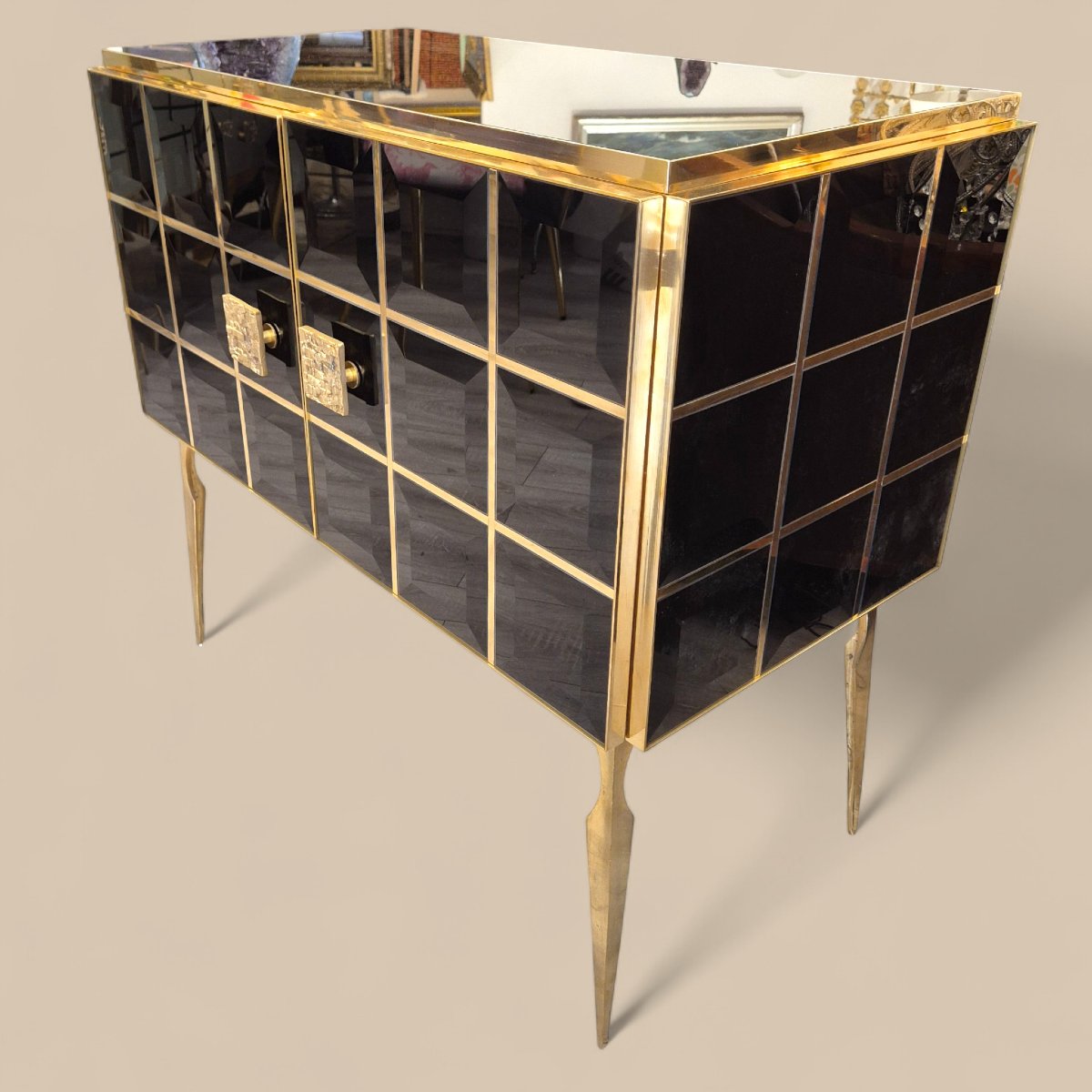 Paire de consoles en verre de Murano noir facetté et laiton doré, vers 1960/70-photo-4