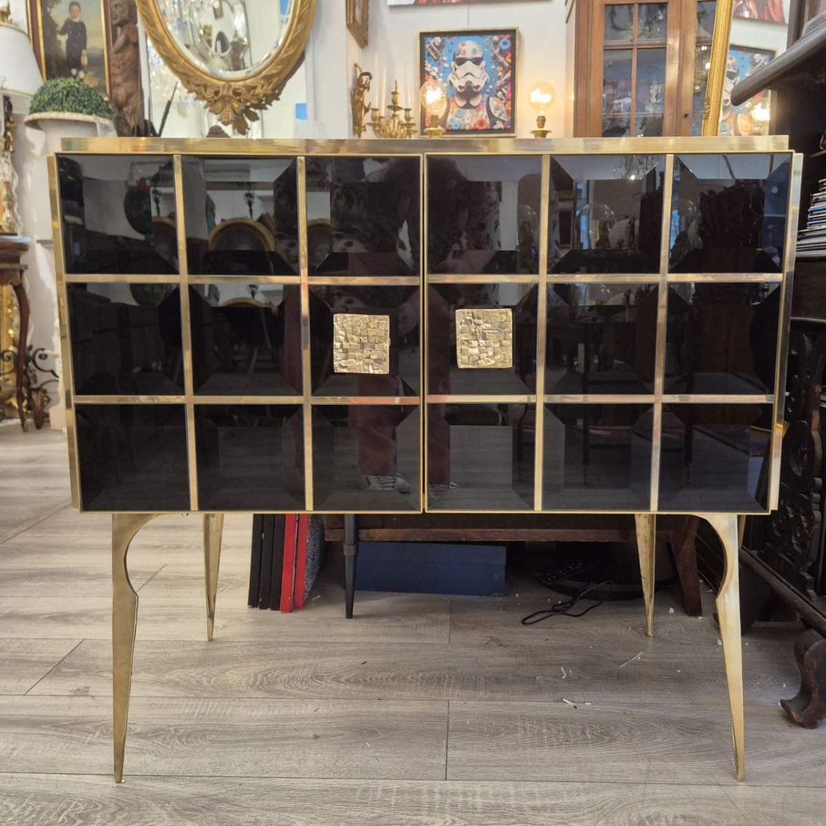 Paire de consoles en verre de Murano noir facetté et laiton doré, vers 1960/70-photo-1