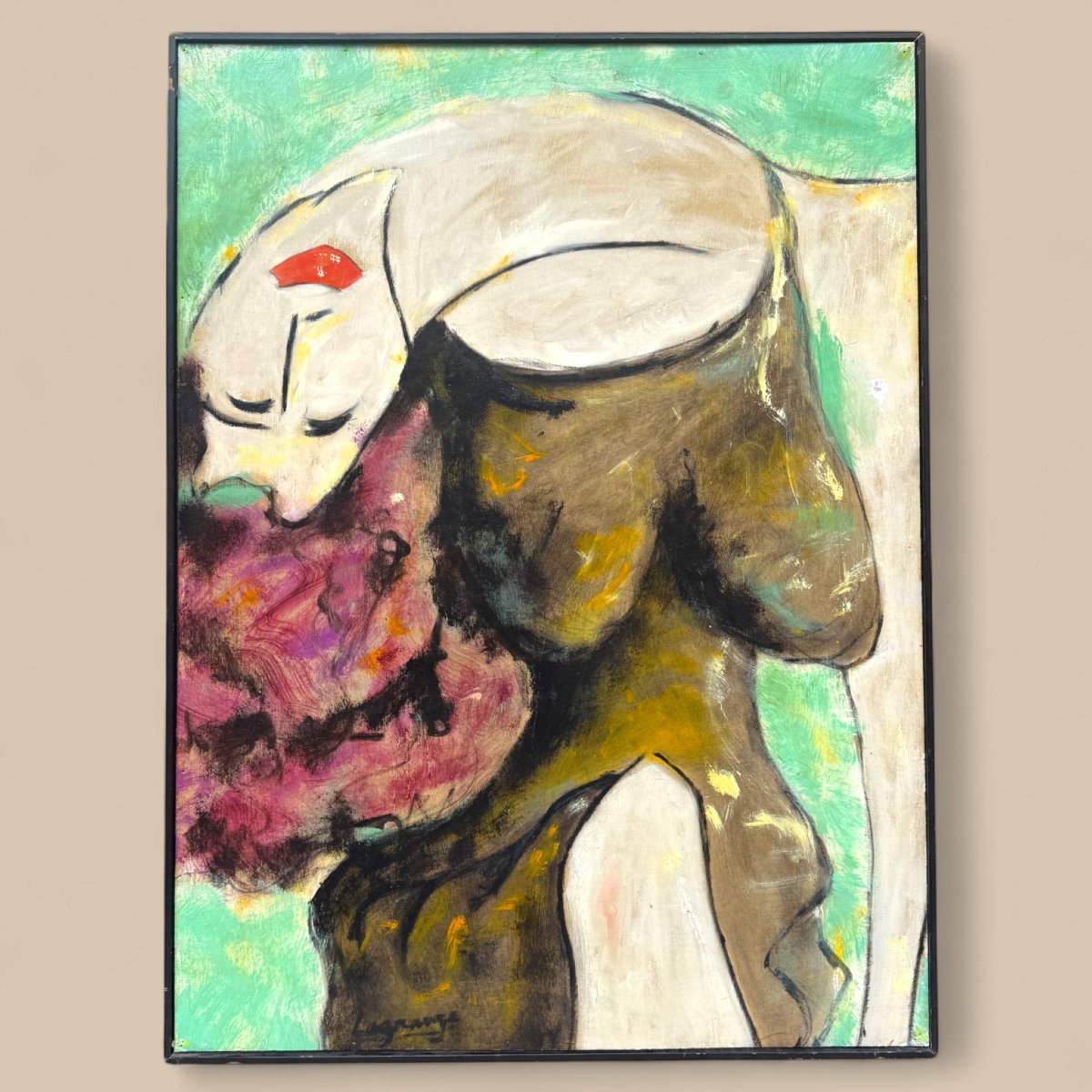 Jacques Lagrange, Woman With Flowers, Oil On Wood-board Panel, Circa 1950-1955  -photo-2