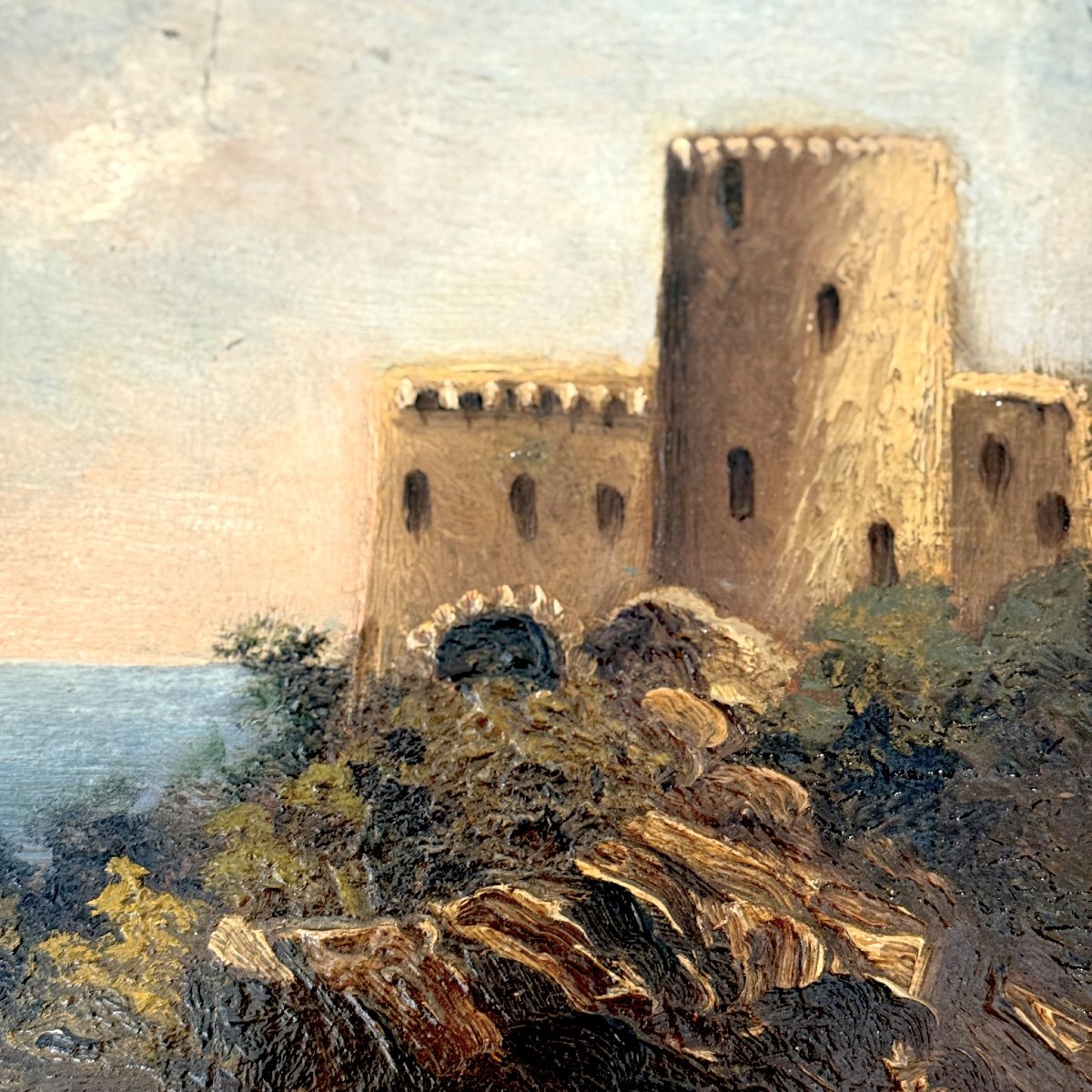 Huile sur toile, Riviera française avec forteresse, signée, XIXᵉ siècle-photo-3