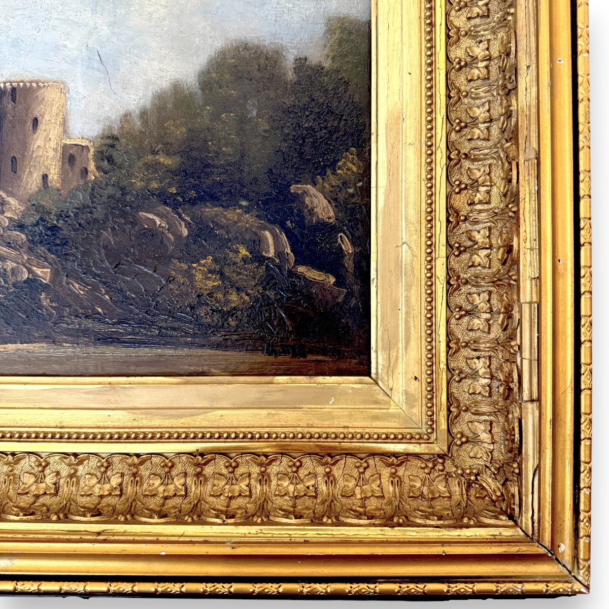 Huile sur toile, Riviera française avec forteresse, signée, XIXᵉ siècle-photo-1