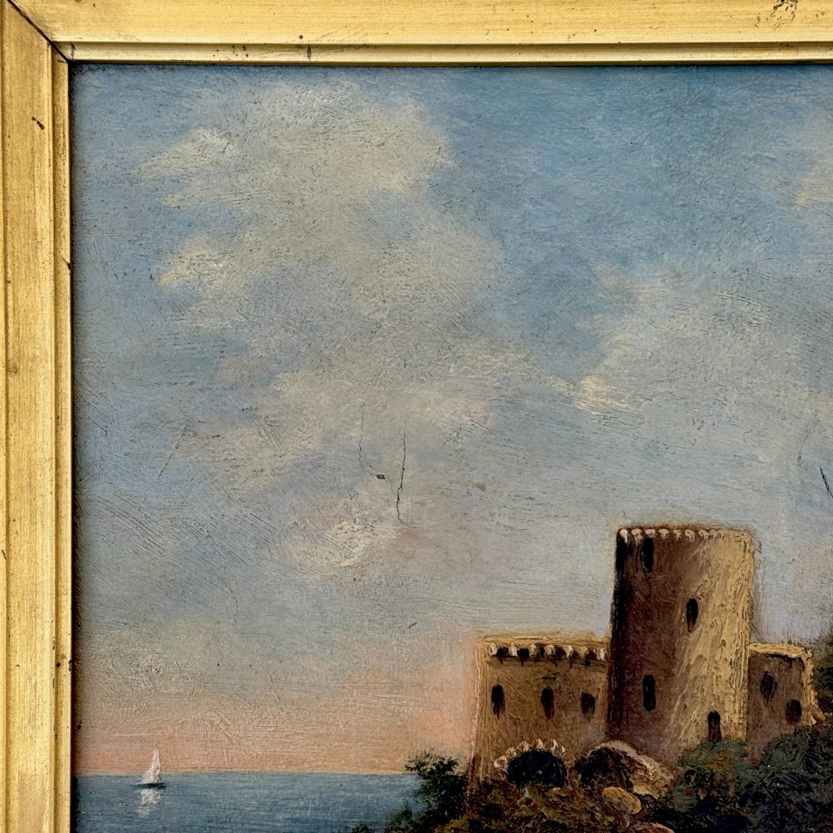 Huile sur toile, Riviera française avec forteresse, signée, XIXᵉ siècle-photo-2
