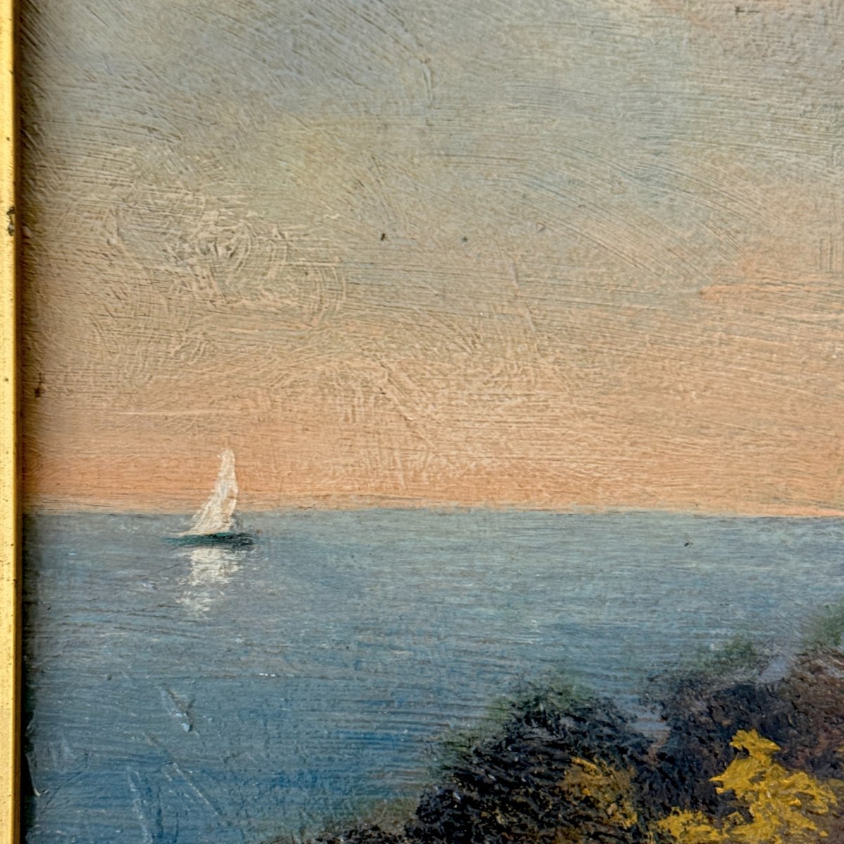 Huile sur toile, Riviera française avec forteresse, signée, XIXᵉ siècle-photo-3