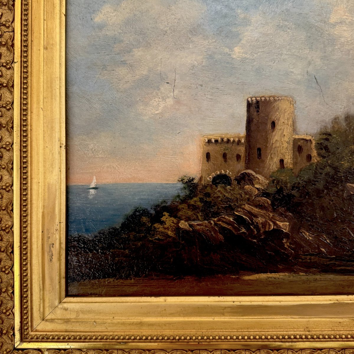 Huile sur toile, Riviera française avec forteresse, signée, XIXᵉ siècle-photo-4