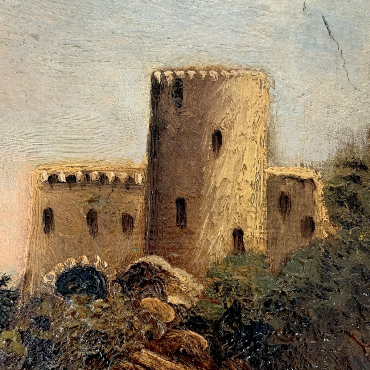 Huile sur toile, Riviera française avec forteresse, signée, XIXᵉ siècle-photo-5