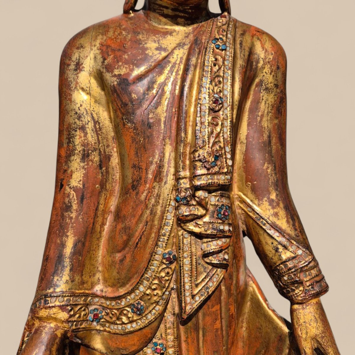 Buddha In Gilded Wood With Stone Inlays – Early 20th Century, Burma-photo-3